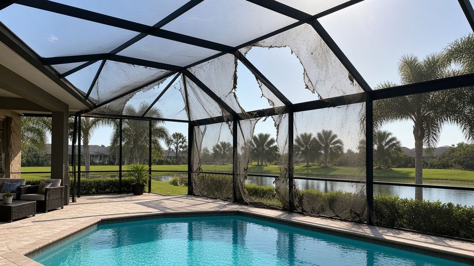 Torn dirty pool cage mesh before rescreen