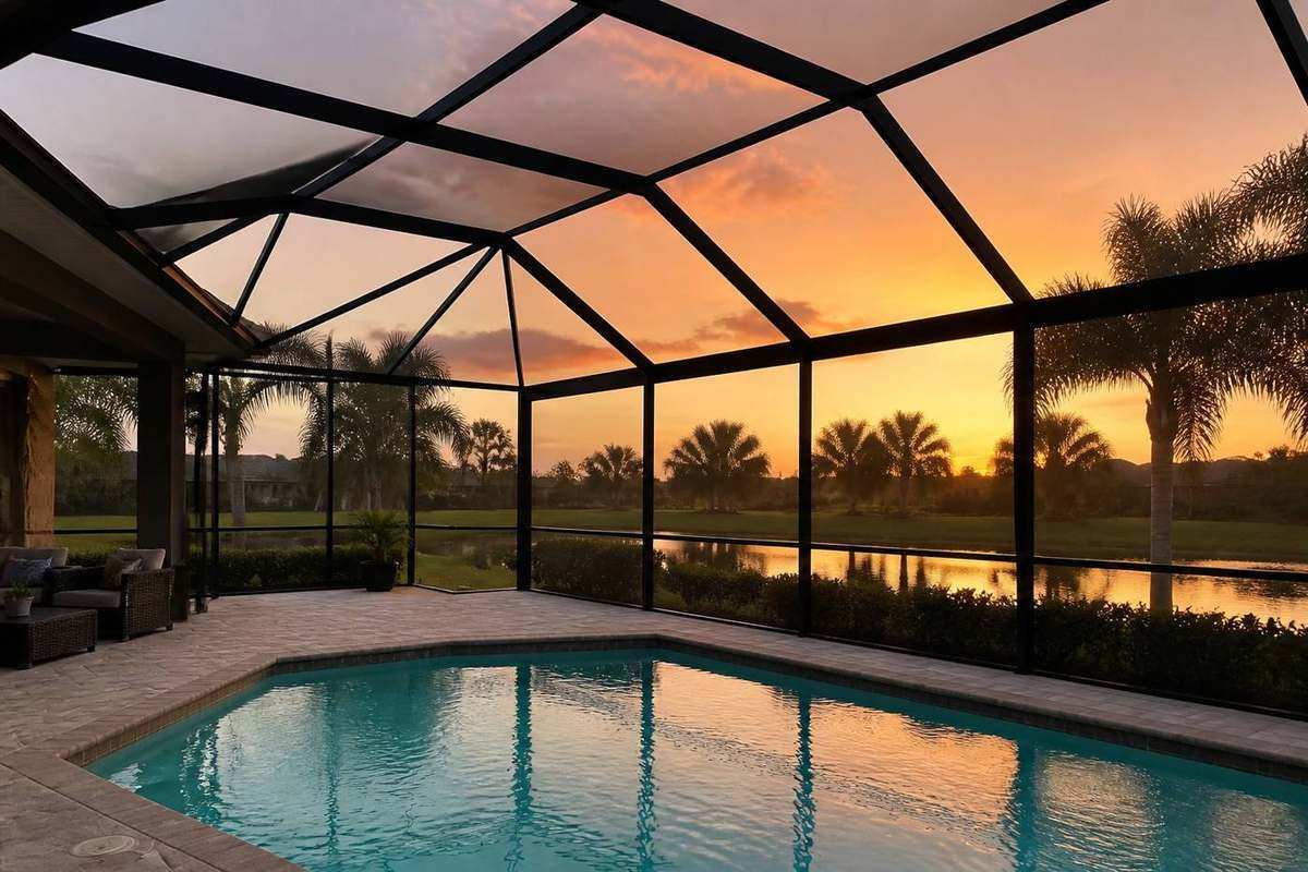 Florida pool cage. Tap the roof or a wall to choose mesh, size, and how many.